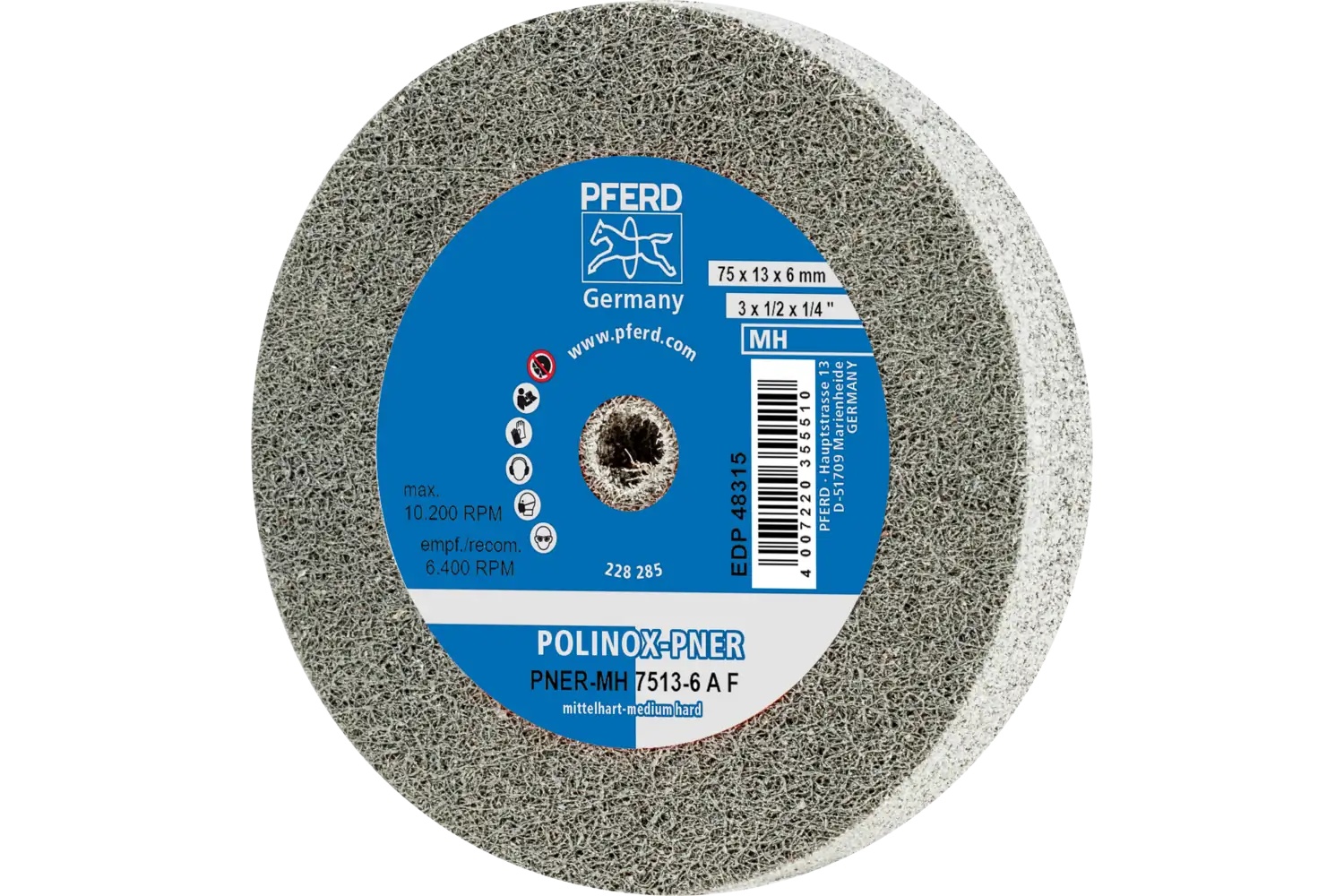 Picture of Pferd Polinox® Unitized Wheel, 3" X 1/2 X 1/4, Fine, Medium-Hard, 6Af, Aluminum Oxide